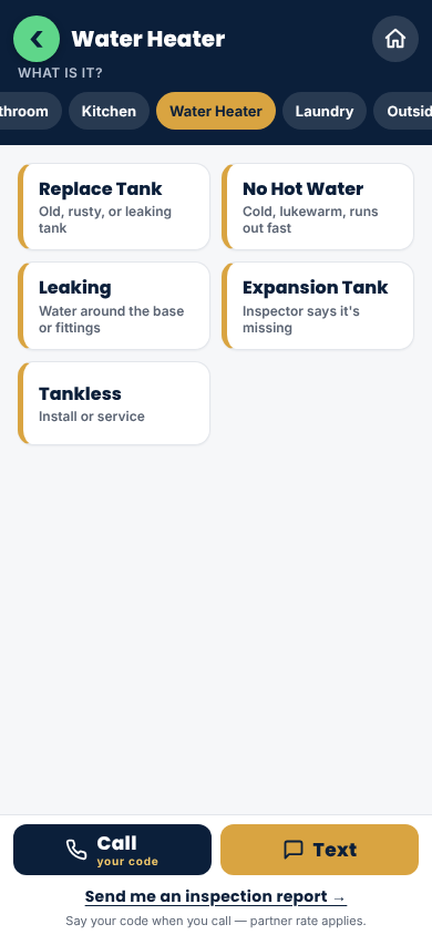 Example screen of the partner tool: water heater problems to choose from, with Call and Text buttons that carry the partner code.