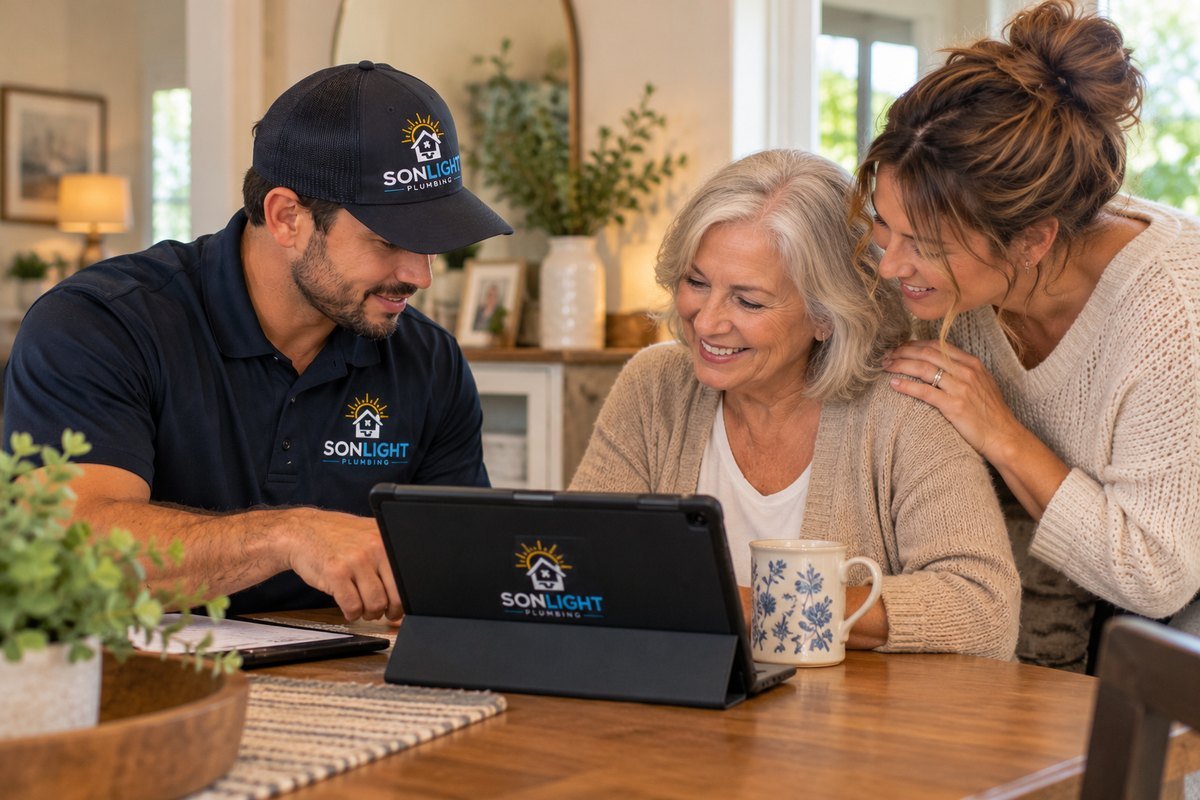 Illustration: a Sonlight Plumbing technician going through information on a tablet with two family members at a dining table.