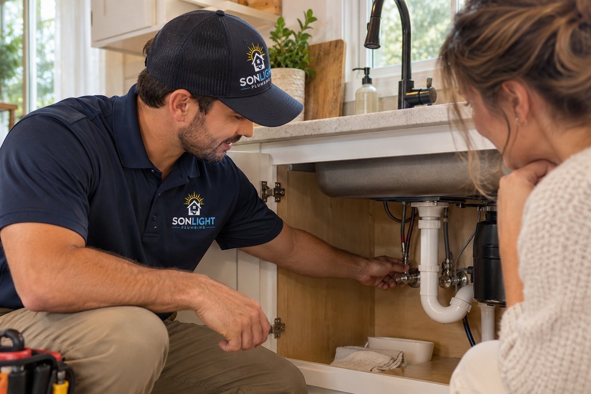 Illustration: a Sonlight Plumbing technician working on the drain plumbing under a kitchen sink while a homeowner watches.