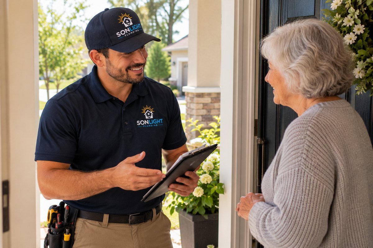 Illustration: a Sonlight Plumbing technician talking with an older homeowner at her front door.