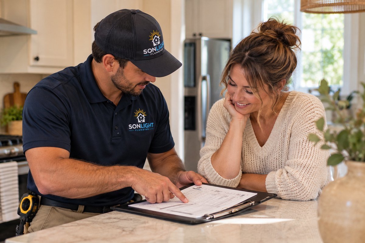 Illustration: a Sonlight Plumbing technician showing a written price on a clipboard to a homeowner in a kitchen.