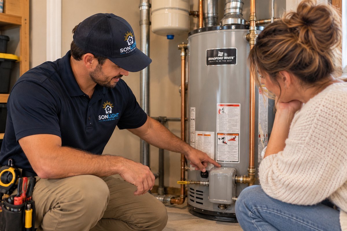 Illustration: a Sonlight Plumbing technician pointing out part of a tank water heater to a homeowner in a garage.